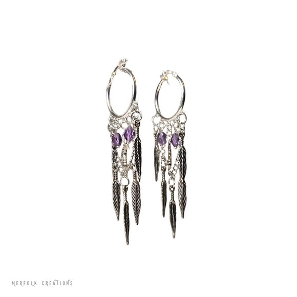 Merfolk Creations Jewelry - Handmade Bohemian Hoop Earrings with Feathers and Moons